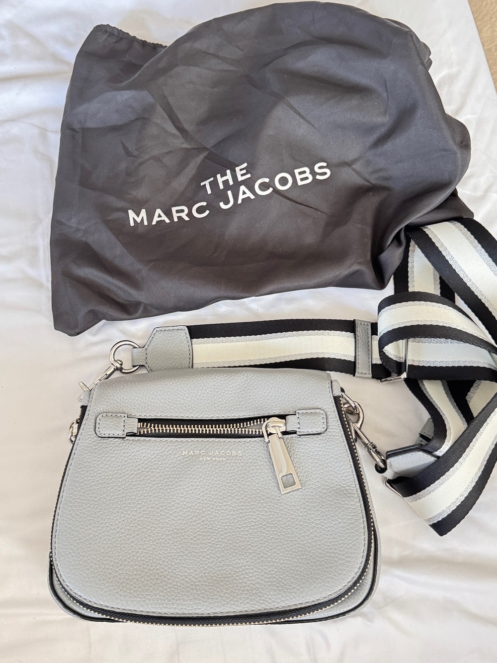 Marc Jacobs Gray Pebbled Leather Crossbody with Striped Strap